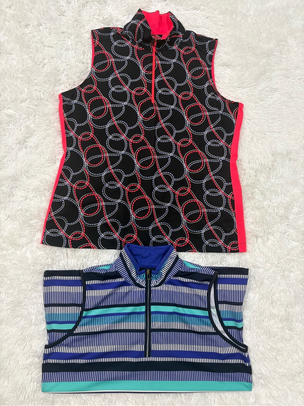 Bundle Tail women’s Sleeveless Tops in Black with Pink Accents & Blue Stripes
